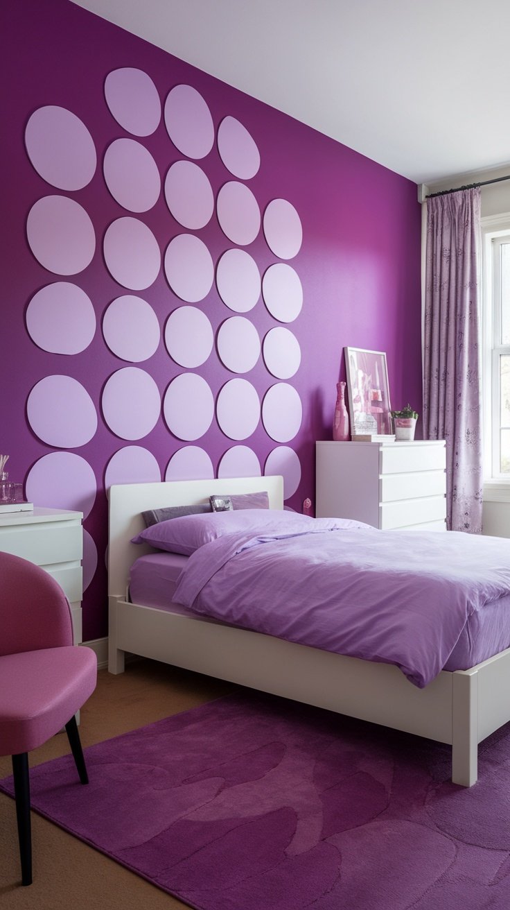 A bedroom featuring a bold purple accent wall with circular patterns, complemented by a white bed and purple bedding.