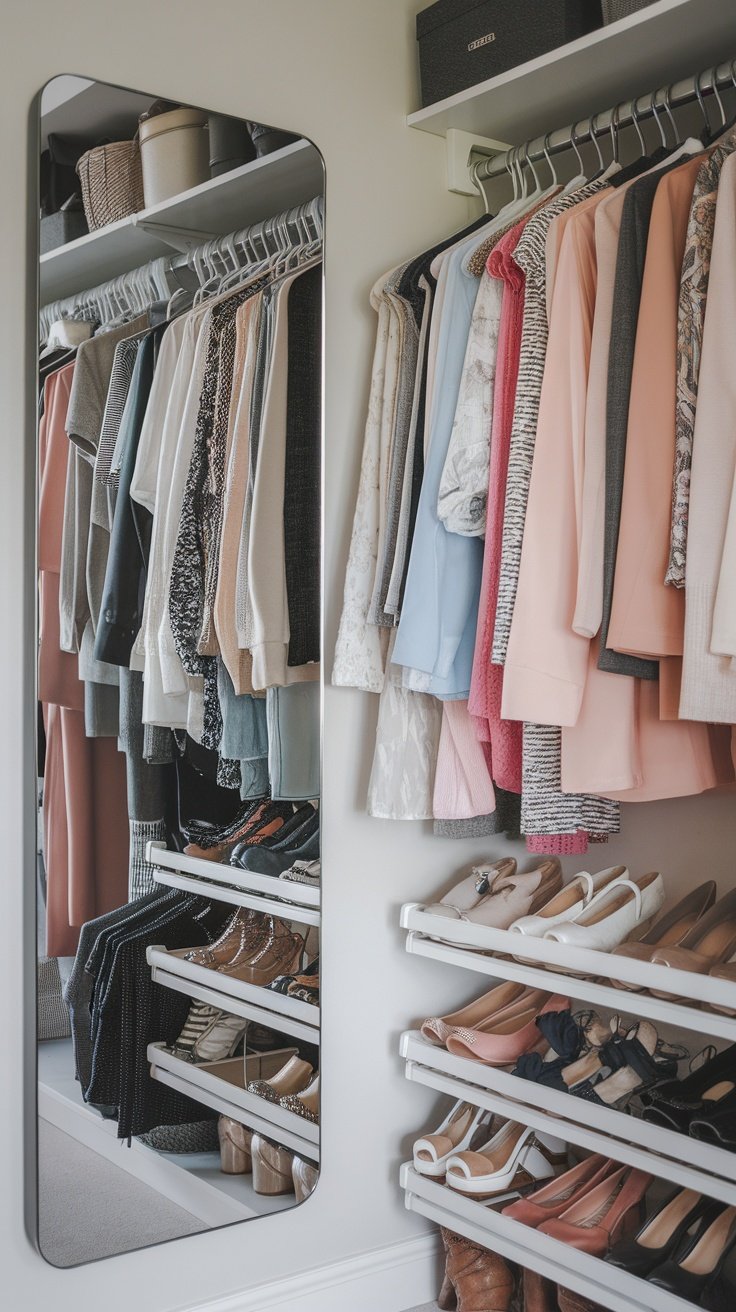 A well-organized closet featuring a full-length mirror, hanging clothes, and neatly arranged shoes.