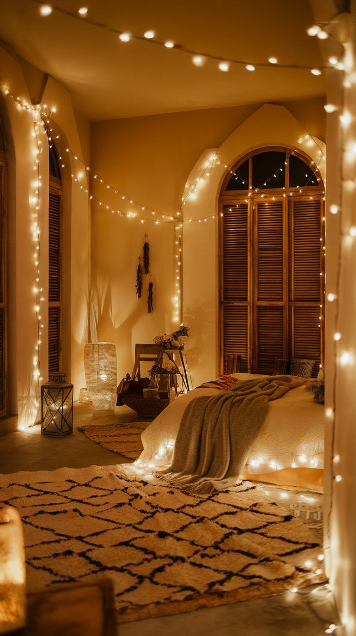 Cozy bedroom featuring warm fairy lights and a relaxed atmosphere