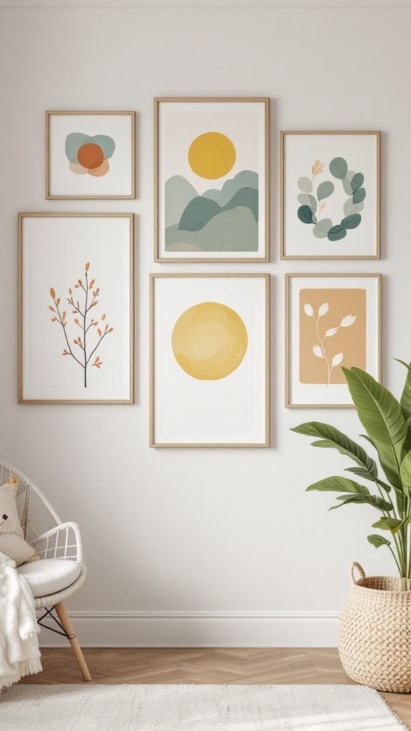 Gallery wall with diverse art pieces in a nursery