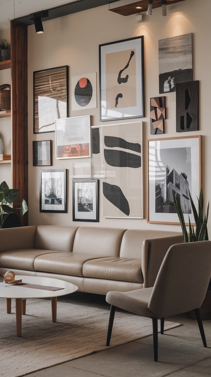 A modern living room featuring a stylish wall display of framed artworks above a beige sofa, complemented by a plant in the corner.