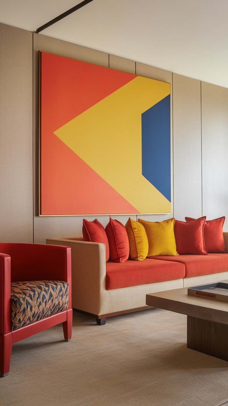 Modern living room with bold color accents featuring a red chair, orange and yellow pillows on a sofa, and vibrant geometric wall art.