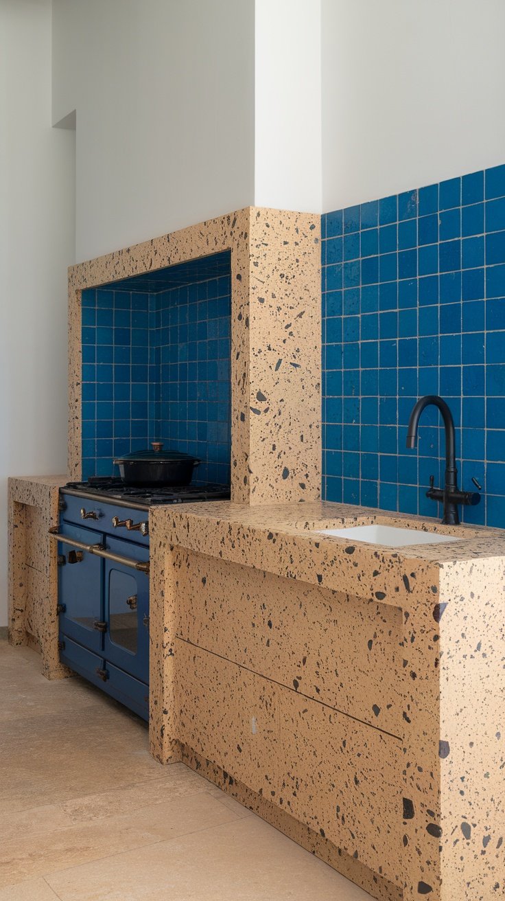Modern kitchen with blue tiles and speckled countertop