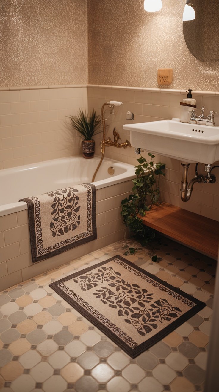 Stylish bath mats on the floor and tub in a charming small bathroom