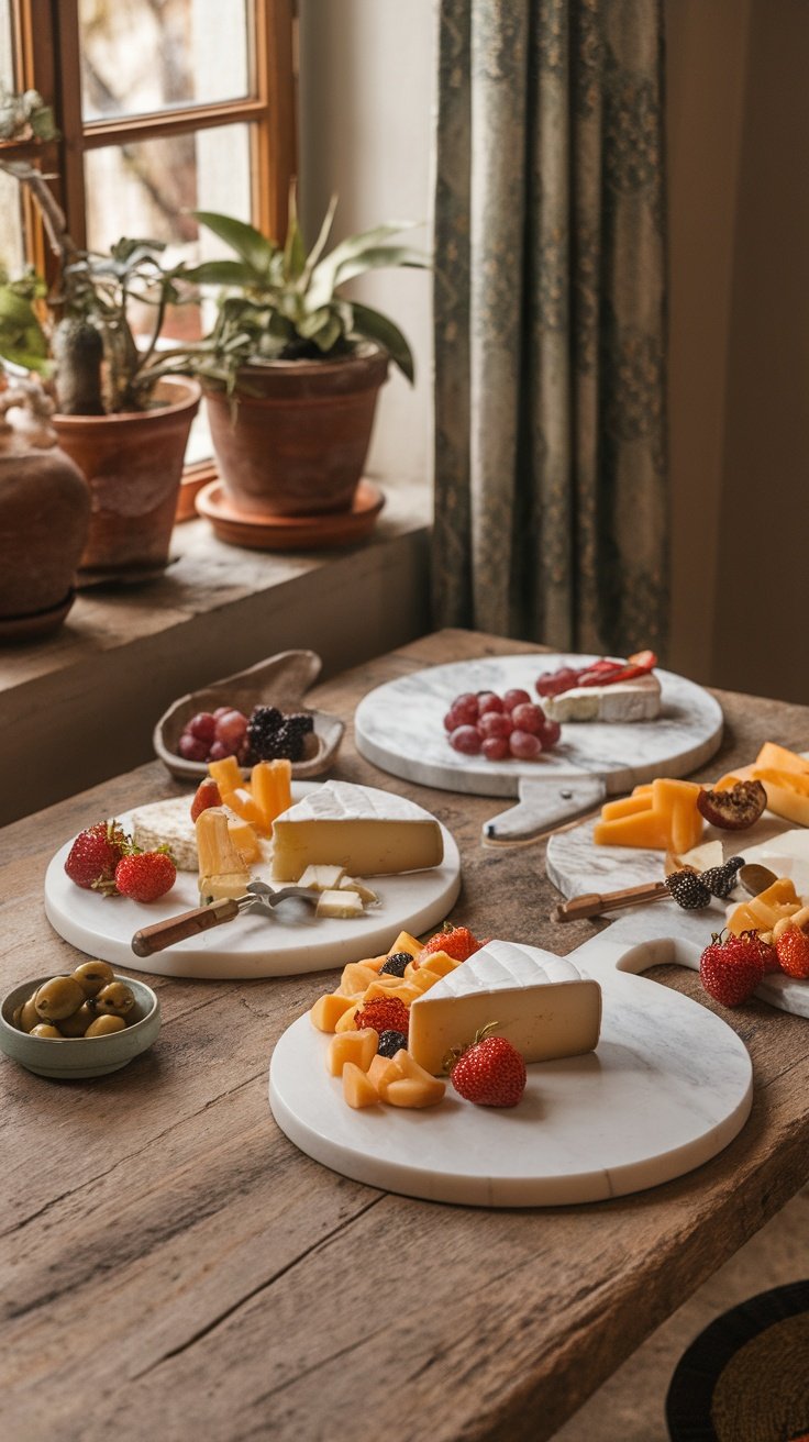 A beautiful spread of cheese, fruits, and olives on marble serving boards arranged on a wooden table, with plants and curtains in the background.