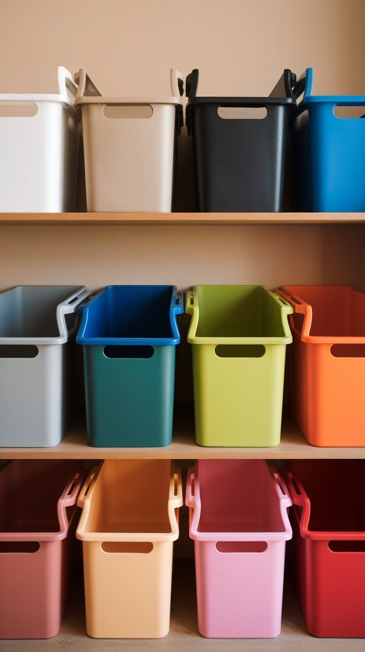 Color-coded sorting bins on a shelf in a laundry room.