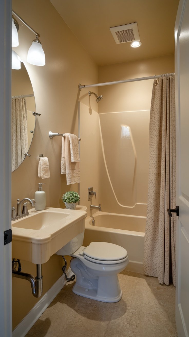 A small bathroom featuring beige walls, a tub with a shower, and soft light fixtures.