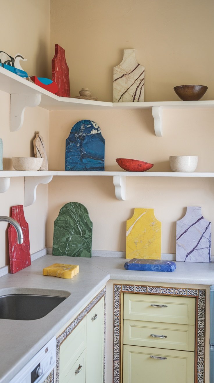 Colorful marble cutting boards and bowls displayed on kitchen shelves.