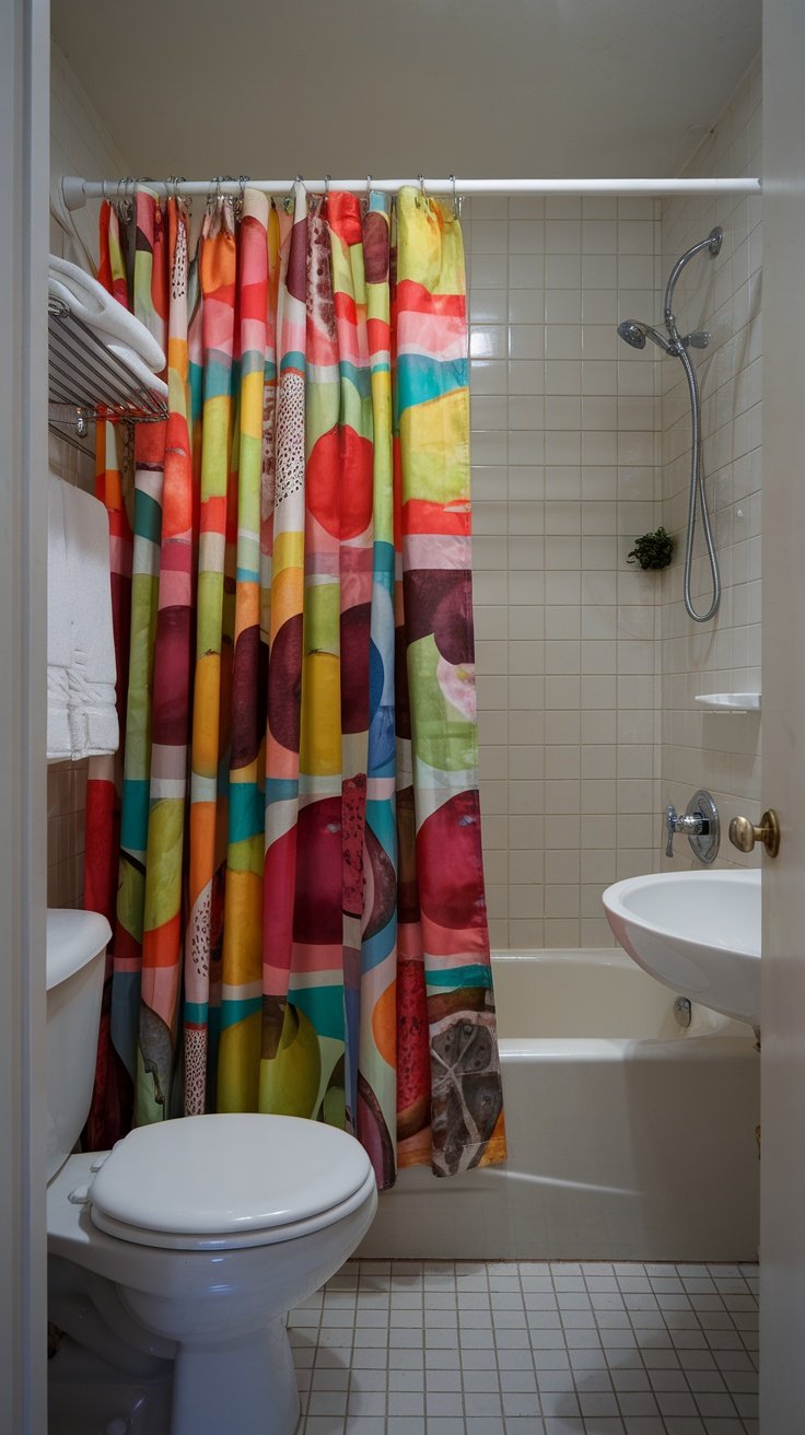 A colorful shower curtain with bold patterns in a small bathroom