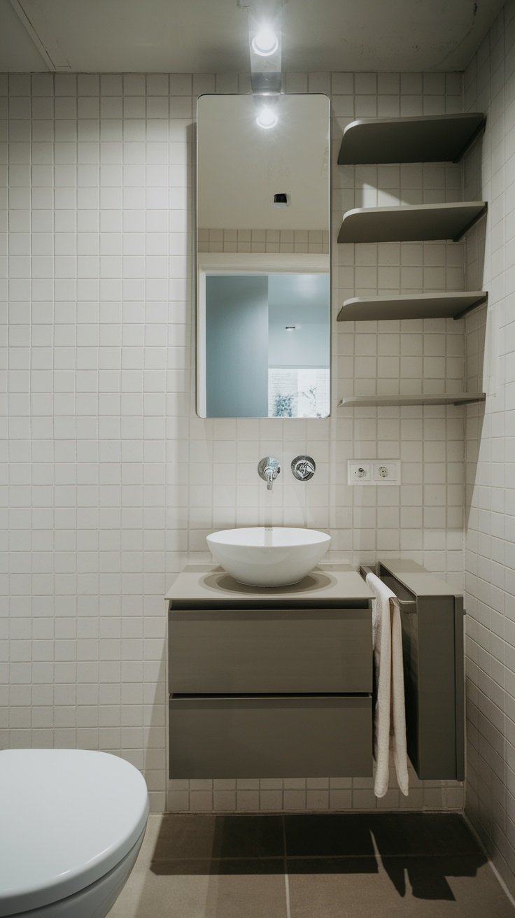 A compact bathroom featuring a floating vanity, bowl sink, and shelves for storage.