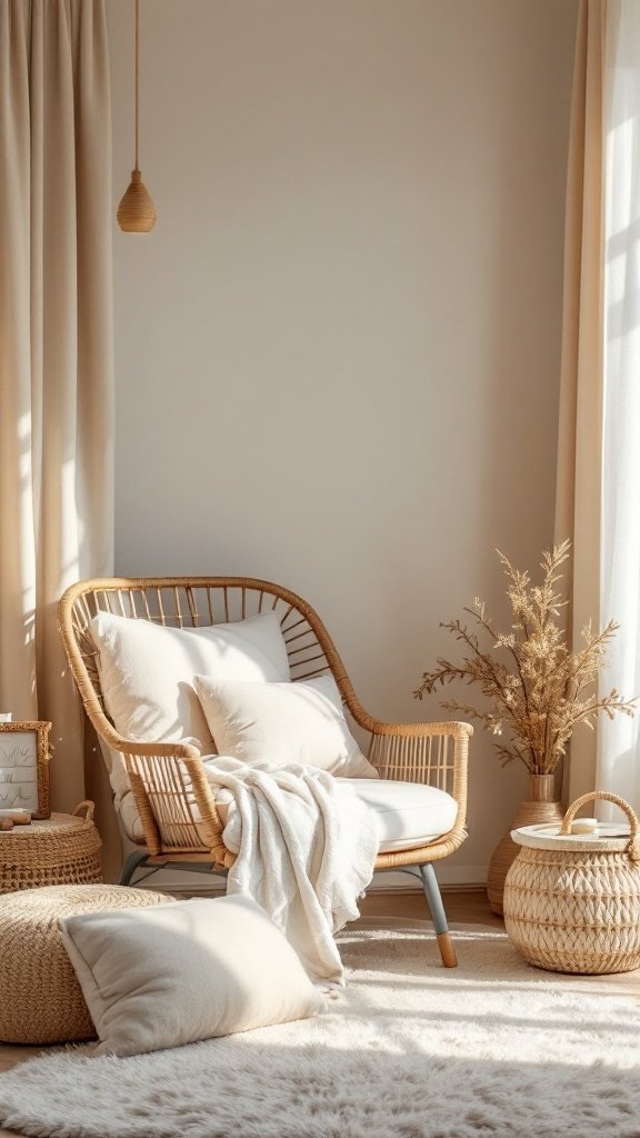 A cozy reading nook featuring a rattan chair, soft pillows, and neutral colors, creating an inviting atmosphere.