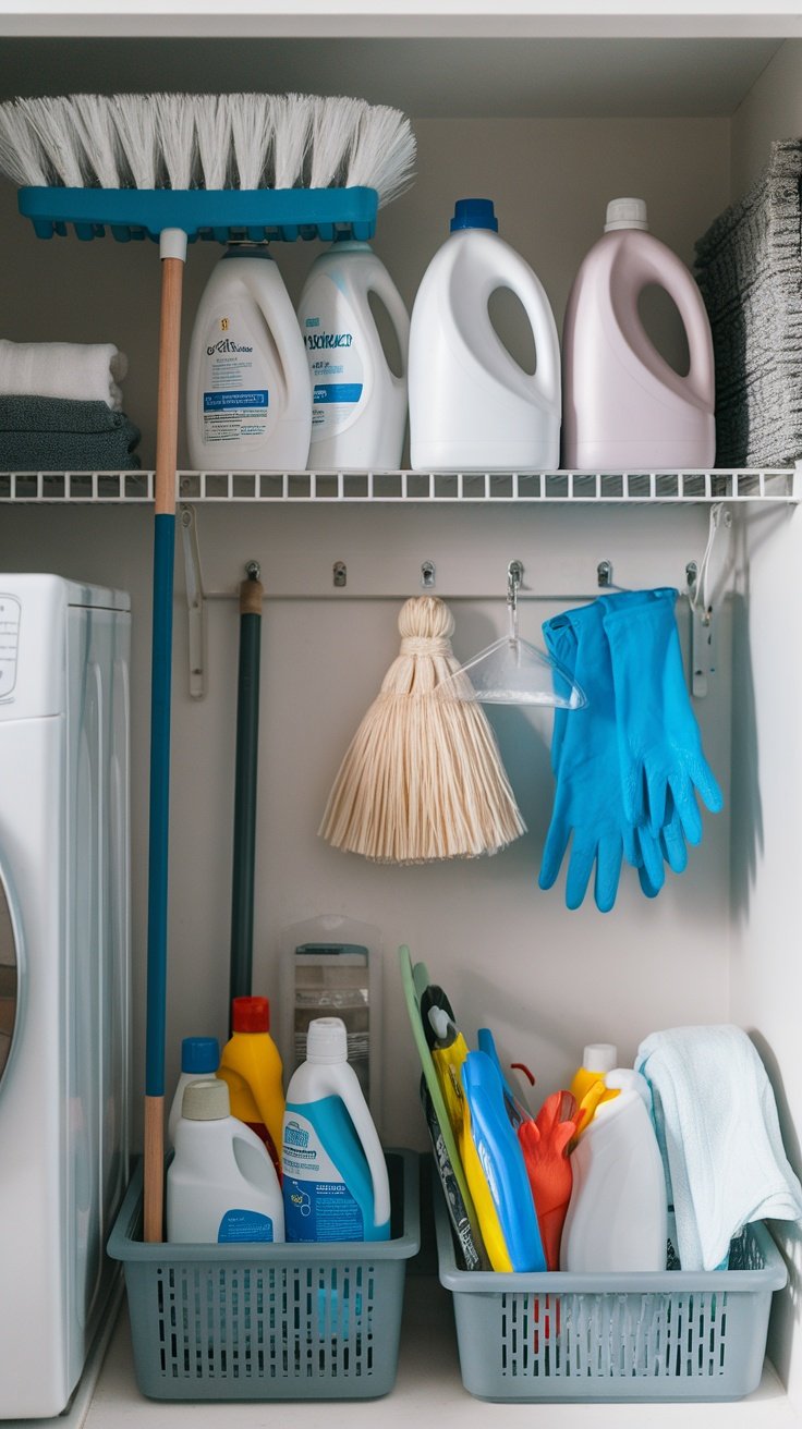 Organized laundry room cleaning supply station with neatly folded towels and various cleaning products.