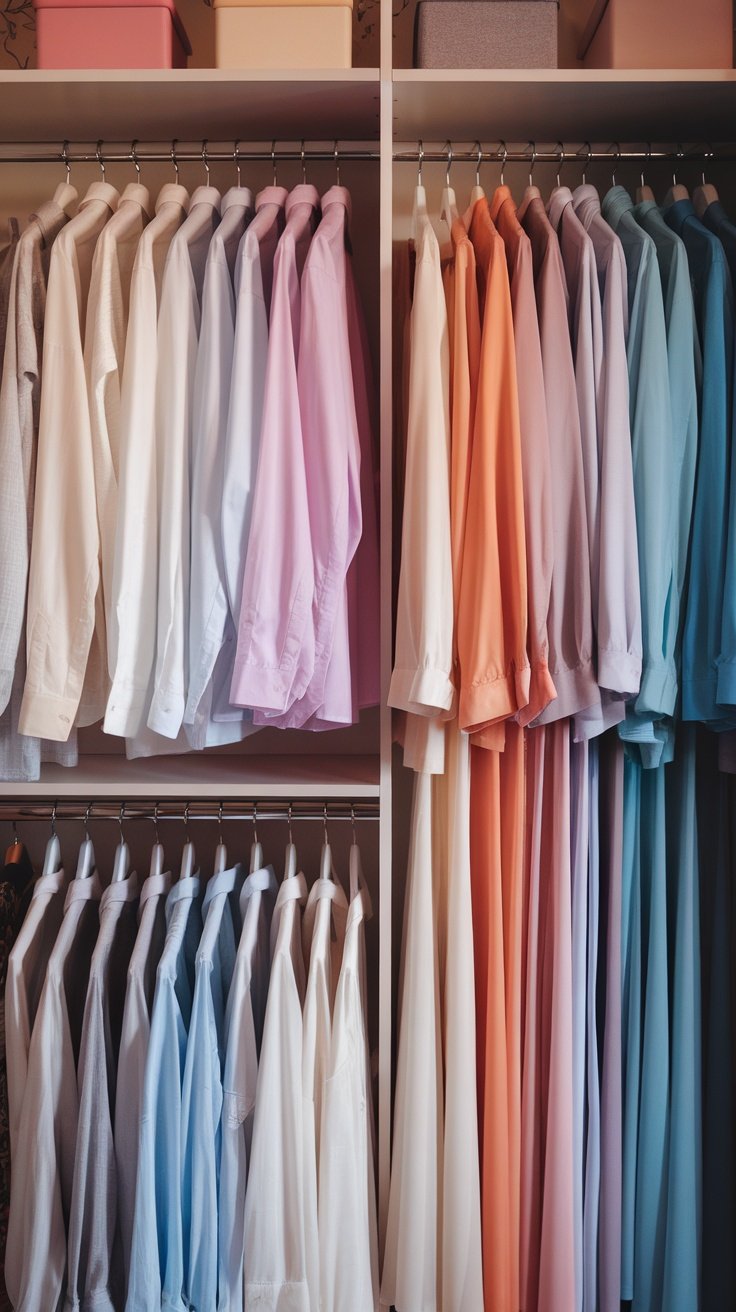 A color-coded closet with neatly organized shirts in shades of pink, blue, and cream.