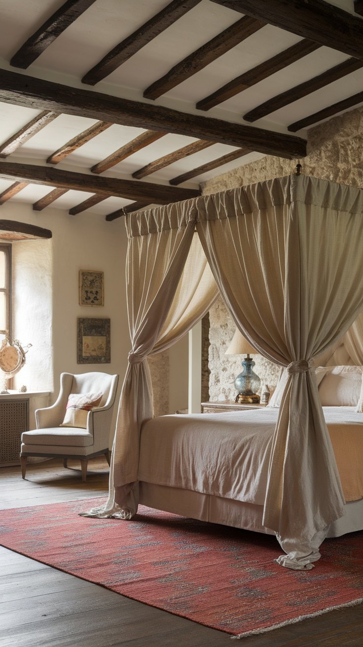 A cozy bedroom featuring a canopy bed, wooden beams, and warm-toned decor.