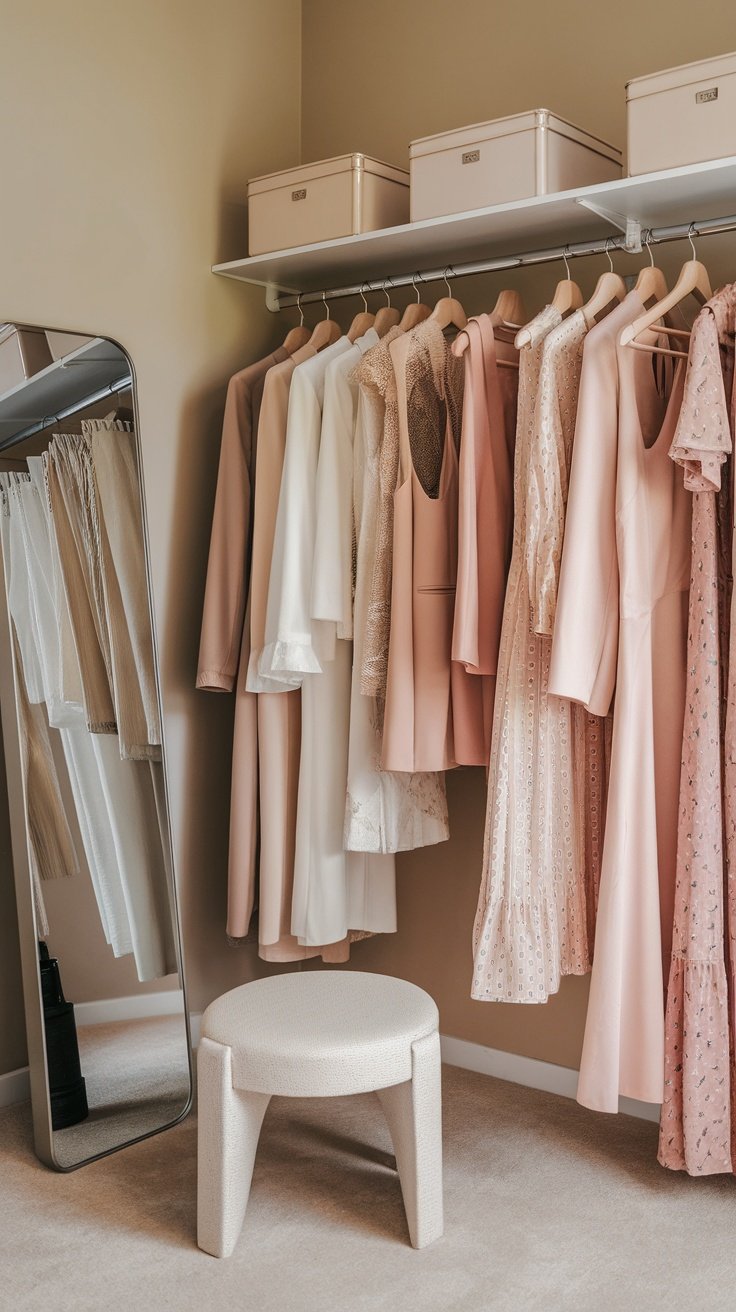 A well-organized closet featuring pastel-colored dresses, a mirror, a small stool, and storage boxes.