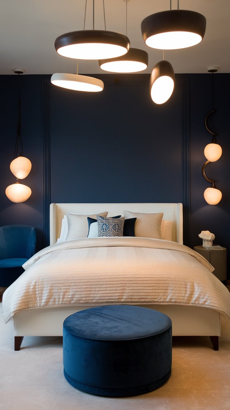 A modern bedroom featuring a bed with a beige coverlet, stylish blue accents, and various hanging light fixtures against a dark blue wall.