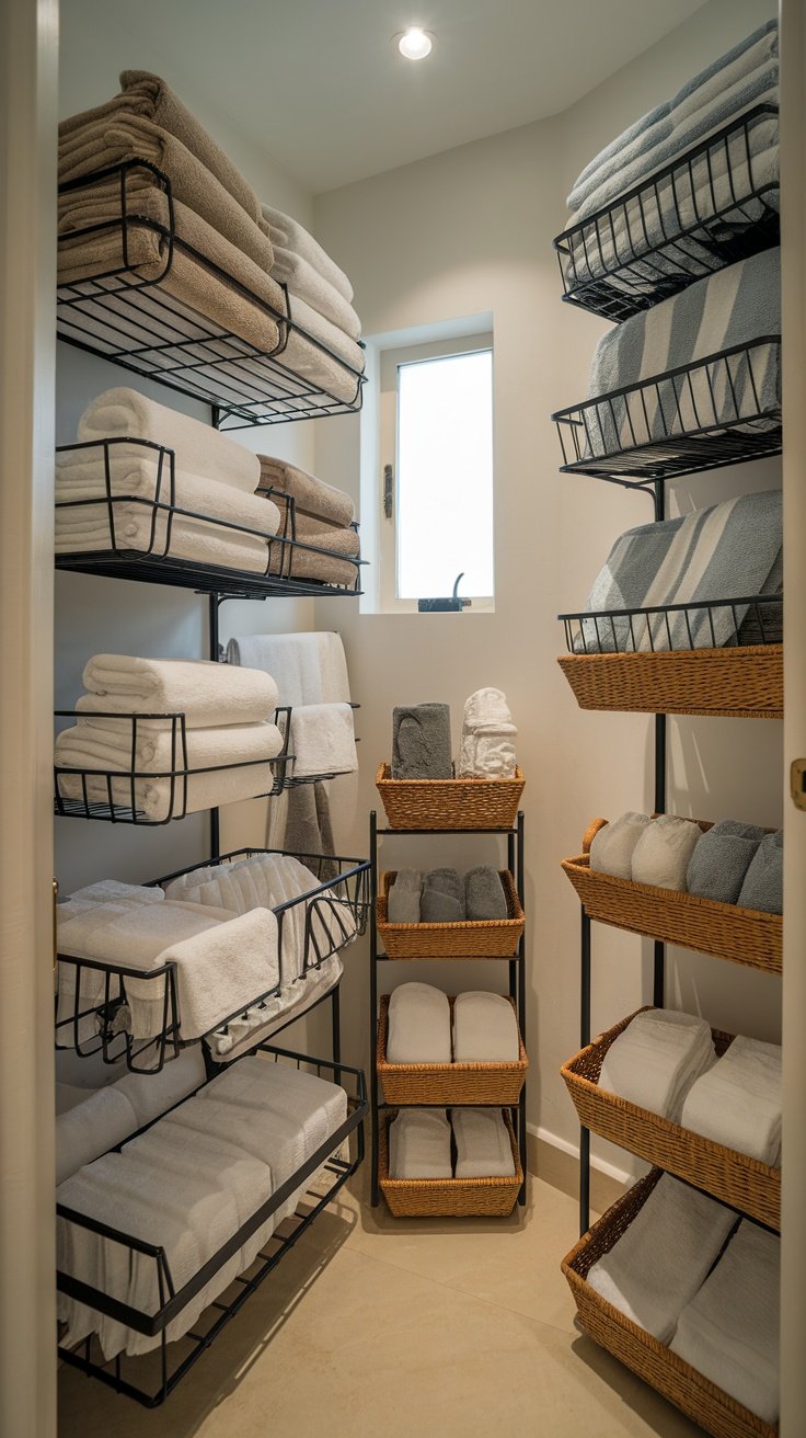 A well-organized towel storage area with wire racks and baskets in a small bathroom.