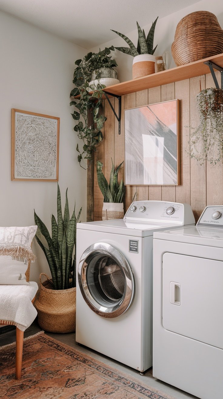 A stylish laundry room featuring plants, wall art, and cozy decor.