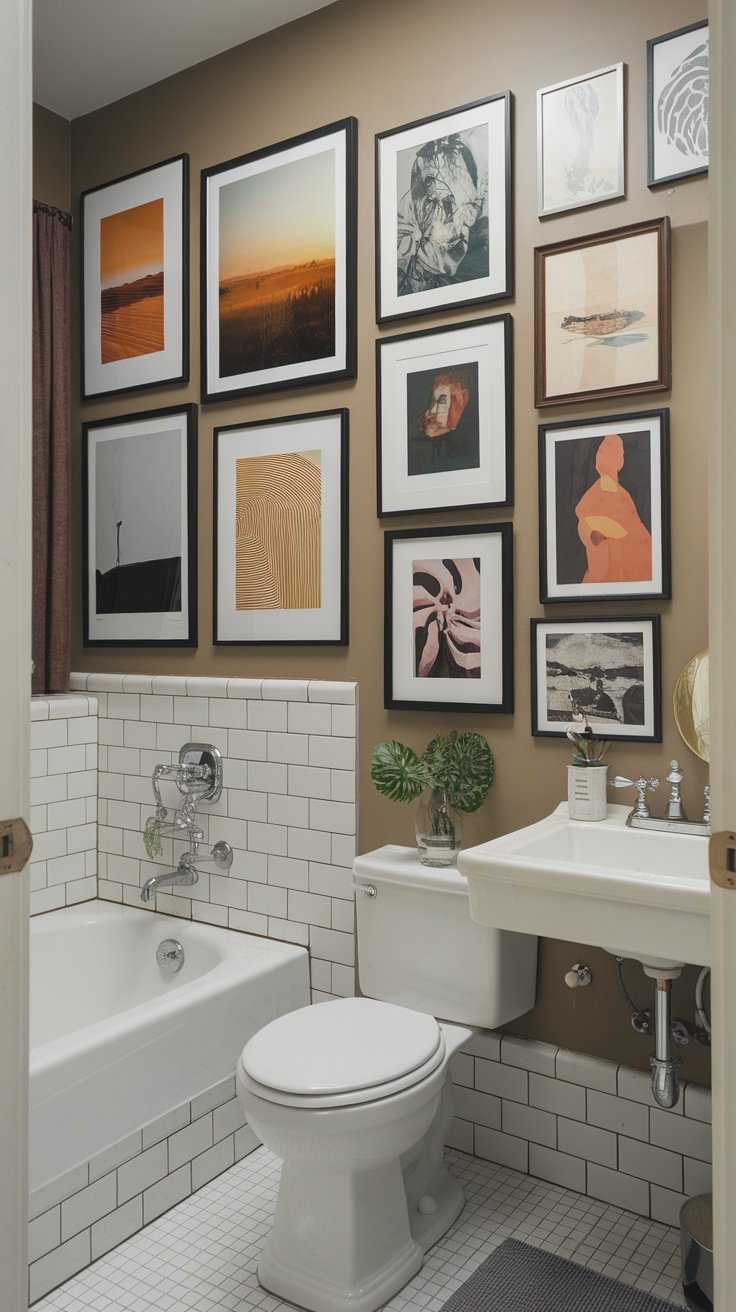 A small bathroom with colorful wall art, a modern shower, and stylish decor.