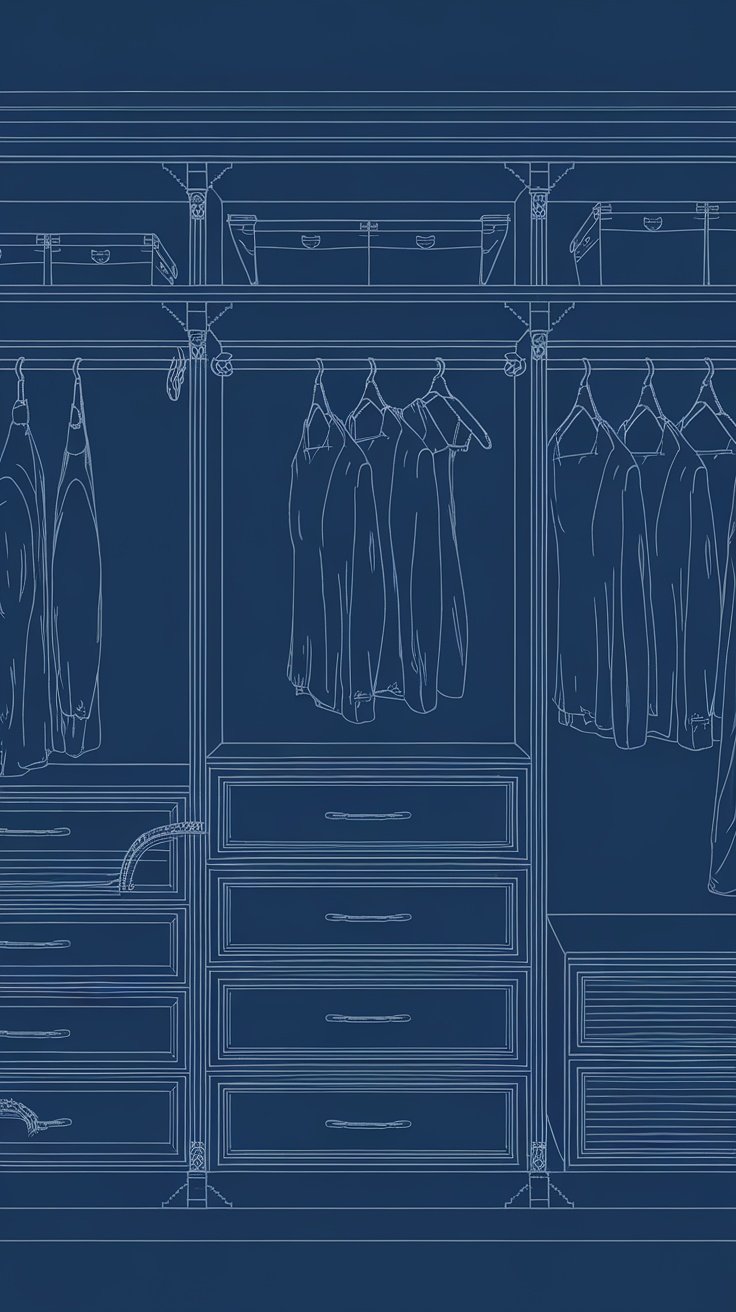 Blueprint of a customized closet design with shelves, drawers, and hanging space