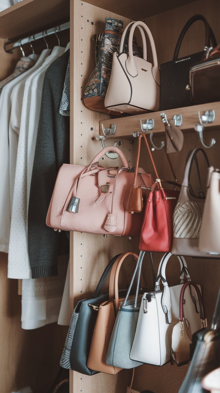 A stylish closet displaying various handbags organized on shelves and hooks.