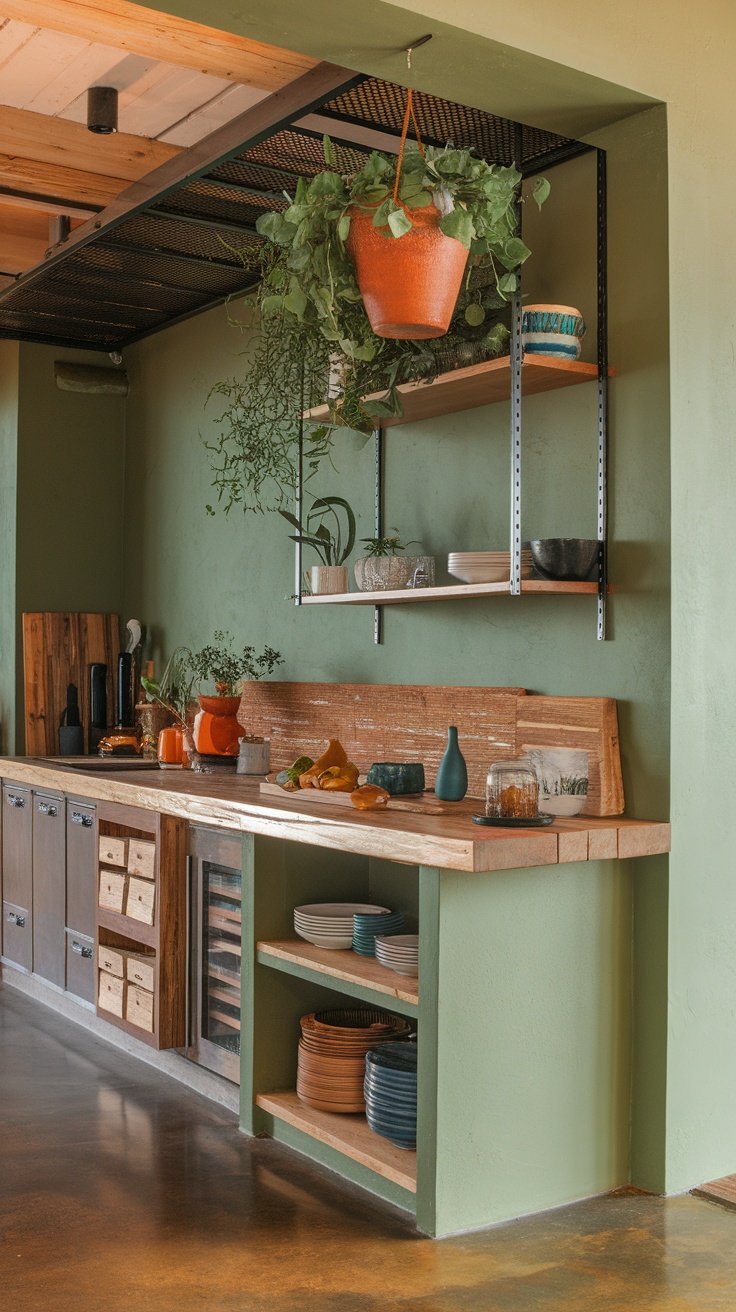 A modern kitchen featuring eco-friendly materials, with wooden countertops, green walls, and hanging plants.