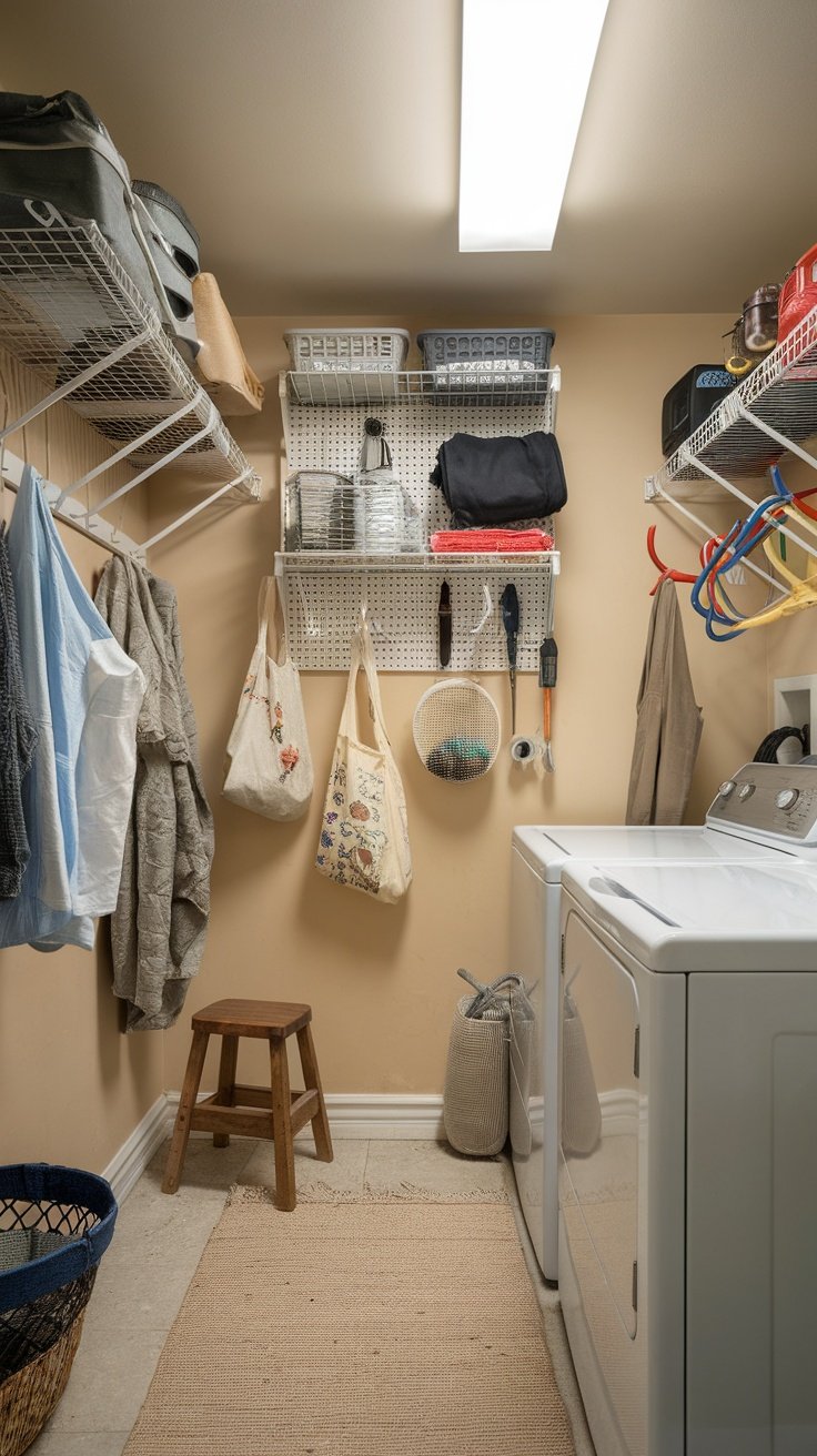 Organized laundry room with hooks and racks for efficient storage