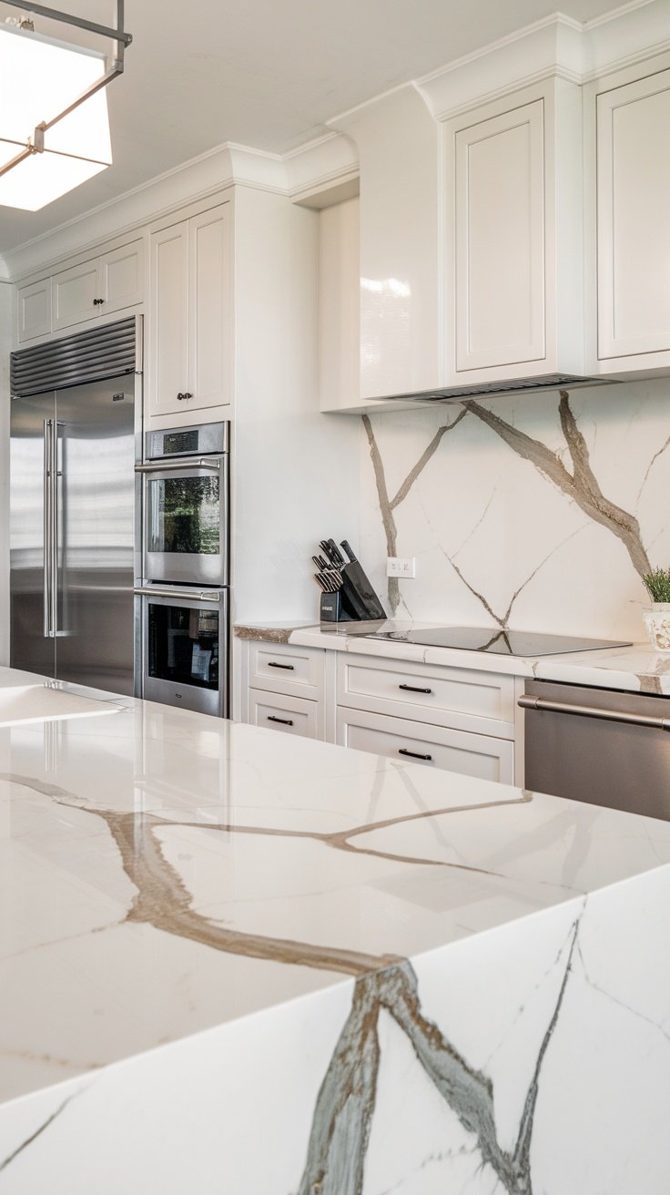 A modern kitchen showcasing elegant marble countertops with striking veining.