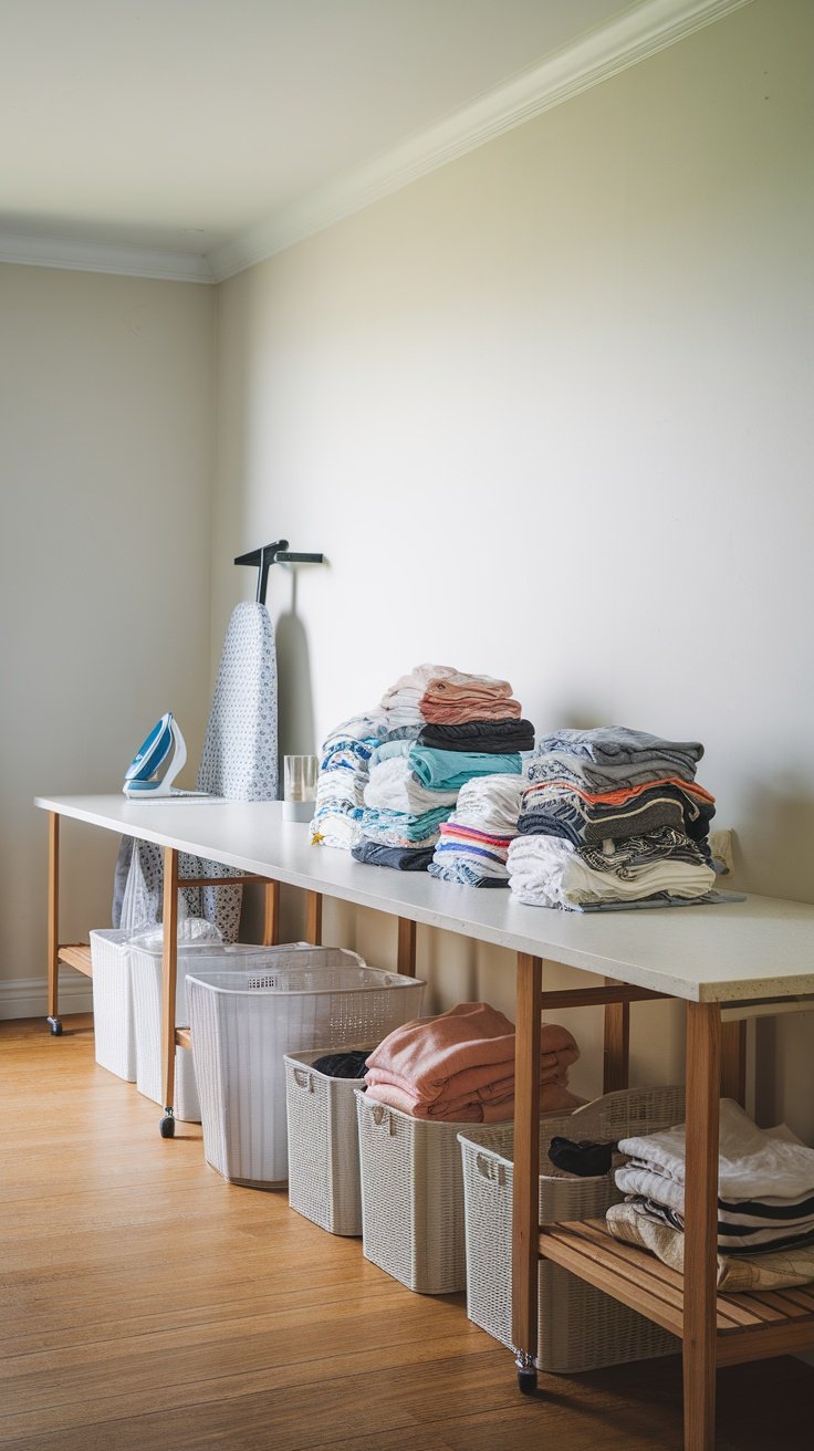 An organized laundry folding station with a table, neatly stacked clothes, an iron, and laundry baskets.