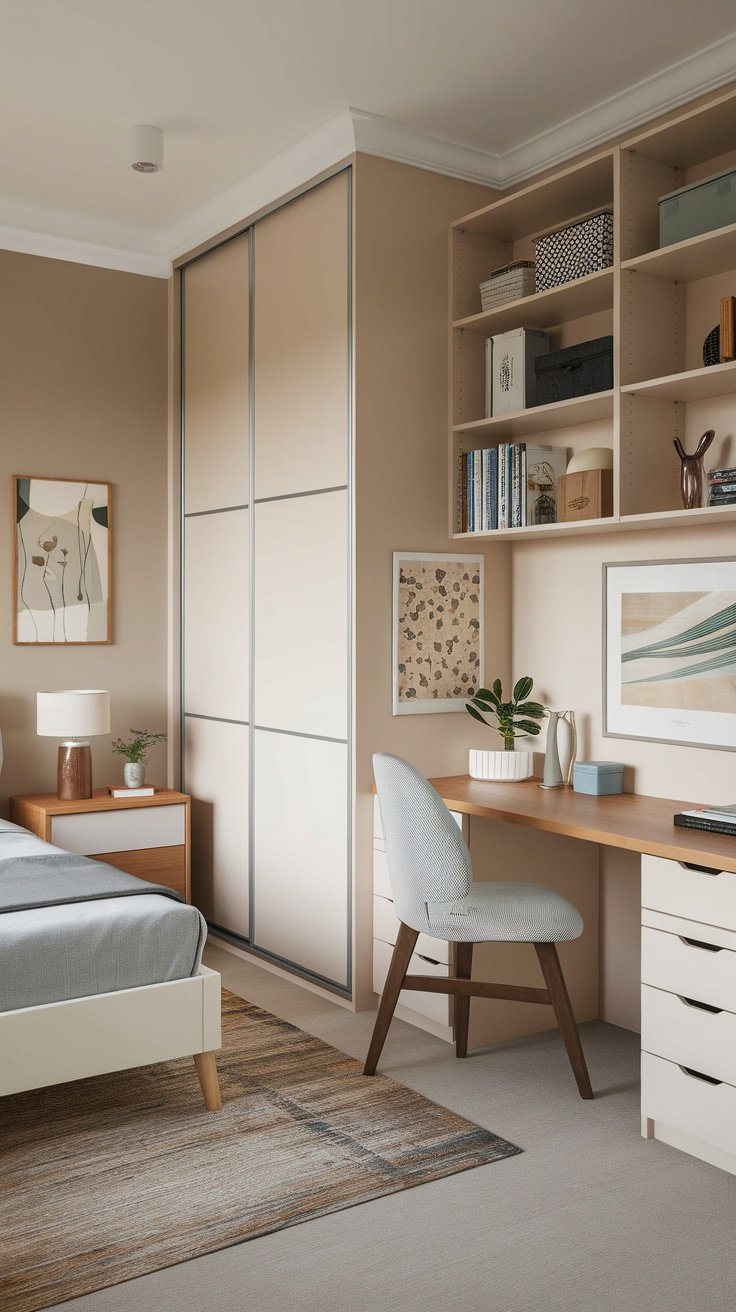 A cozy bedroom featuring a well-arranged bed, desk, and storage.