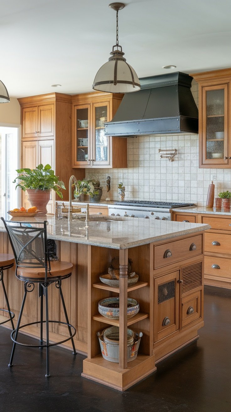 A modern kitchen with a functional island, featuring a granite countertop, wooden cabinetry, and seating area.