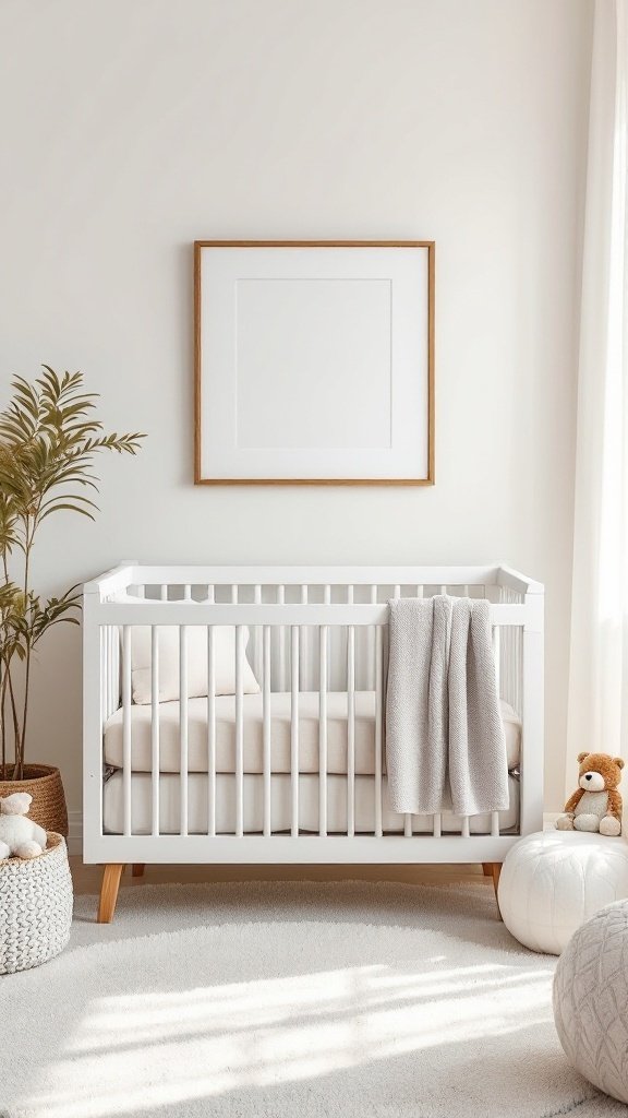 A minimalistic gender-neutral nursery with a white crib, soft blanket, and a plant.