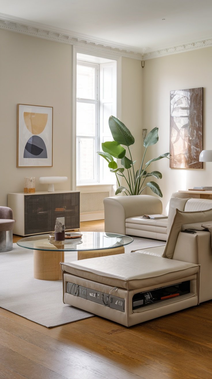 A modern living room with neutral colors, plants, and stylish furniture.