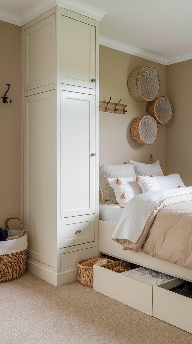 A cozy bedroom featuring practical storage solutions including a tall cabinet, under-bed drawers, and decorative baskets.