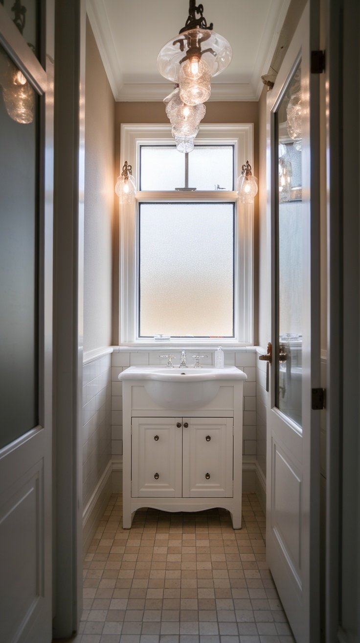 Small bathroom with elegant lighting fixtures and a sink