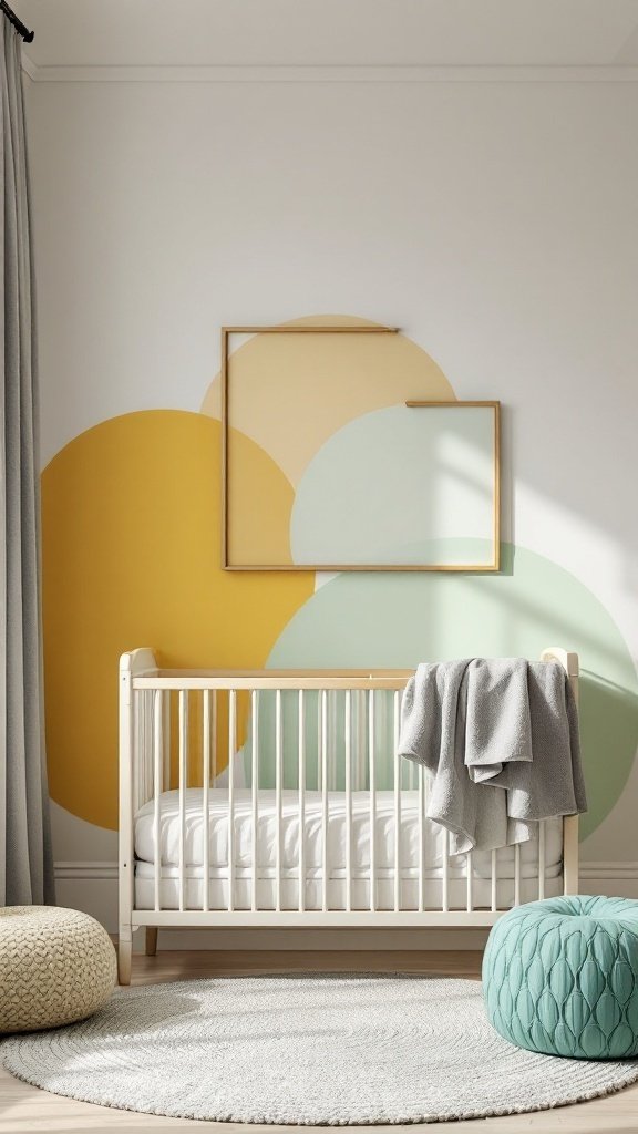 Gender neutral nursery with soft color palette featuring yellow and green walls, a white crib, and cozy accessories.