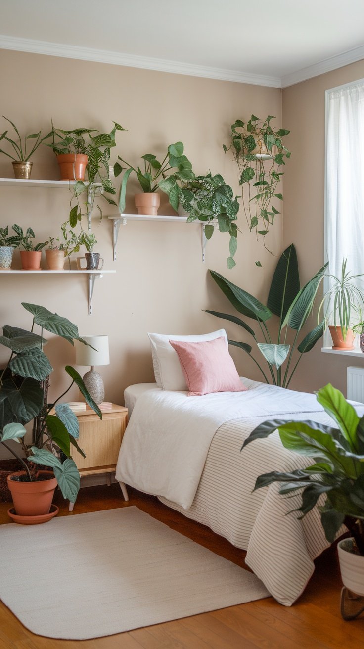 Cozy bedroom with plants on shelves and beside the bed