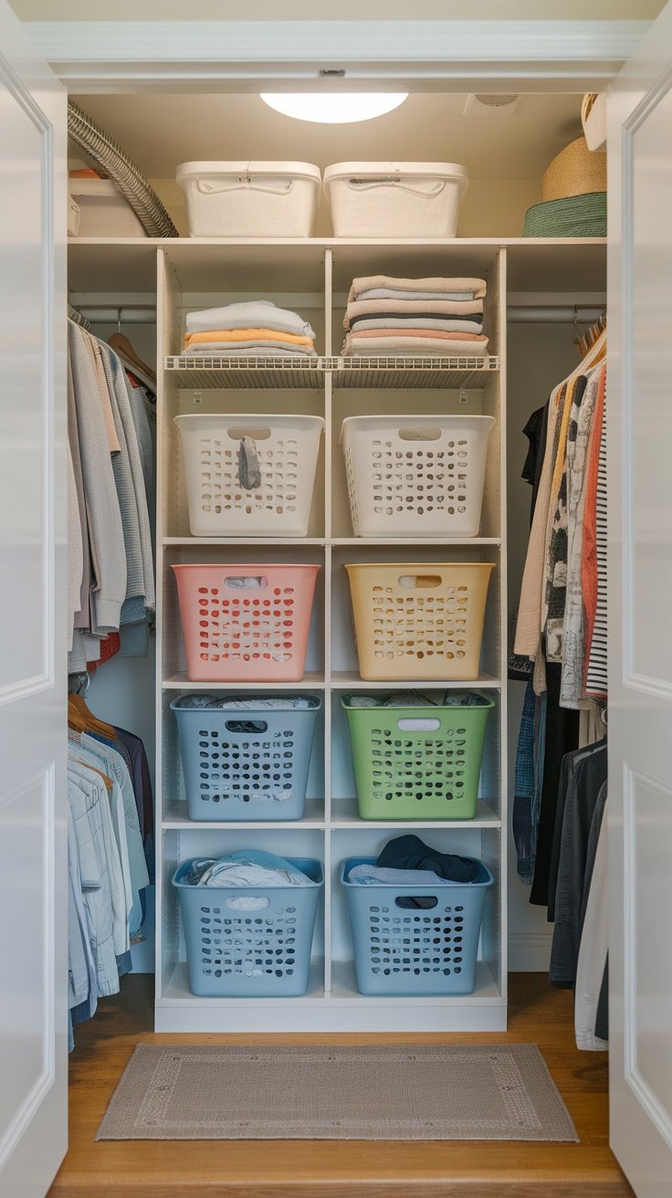 A neatly organized closet with laundry baskets of various colors, stacked on shelves, and folded clothes neatly placed on top.