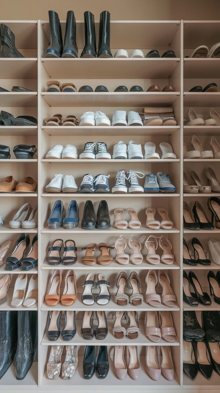 Organized shoe rack displaying various types of shoes on multiple shelves