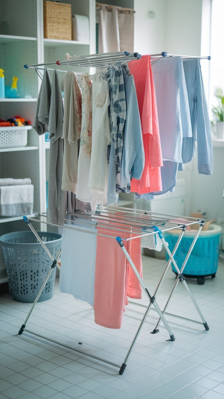 A laundry room with a drying rack holding various clothes, showcasing an organized laundry space.