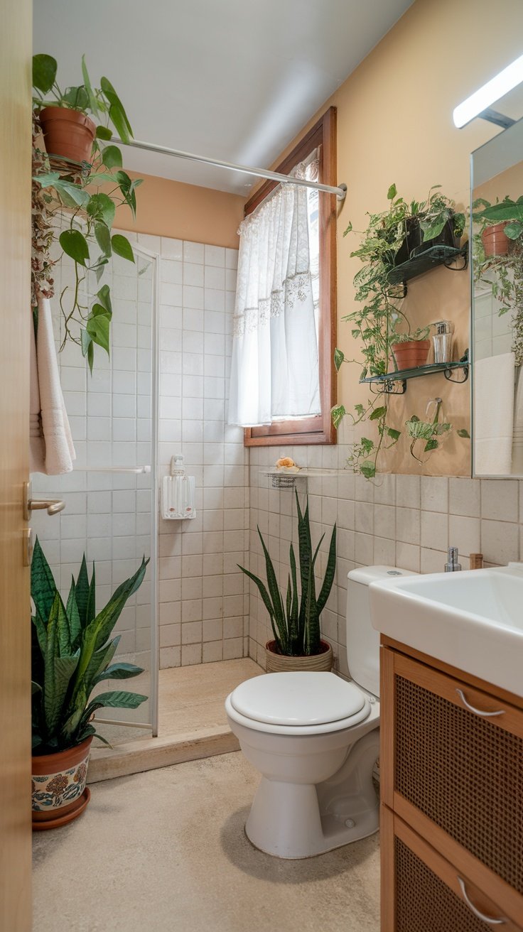 A small bathroom featuring potted plants and natural light