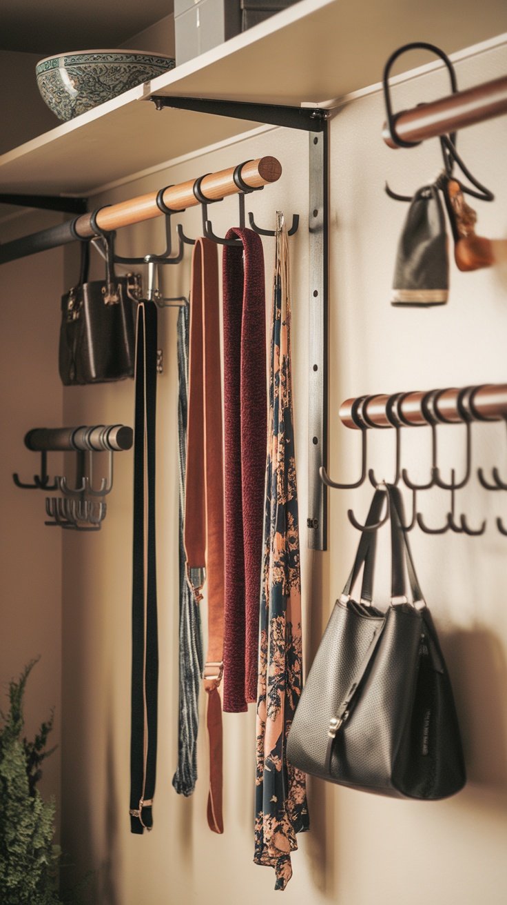 A well-organized closet with hooks displaying various accessories like belts and bags