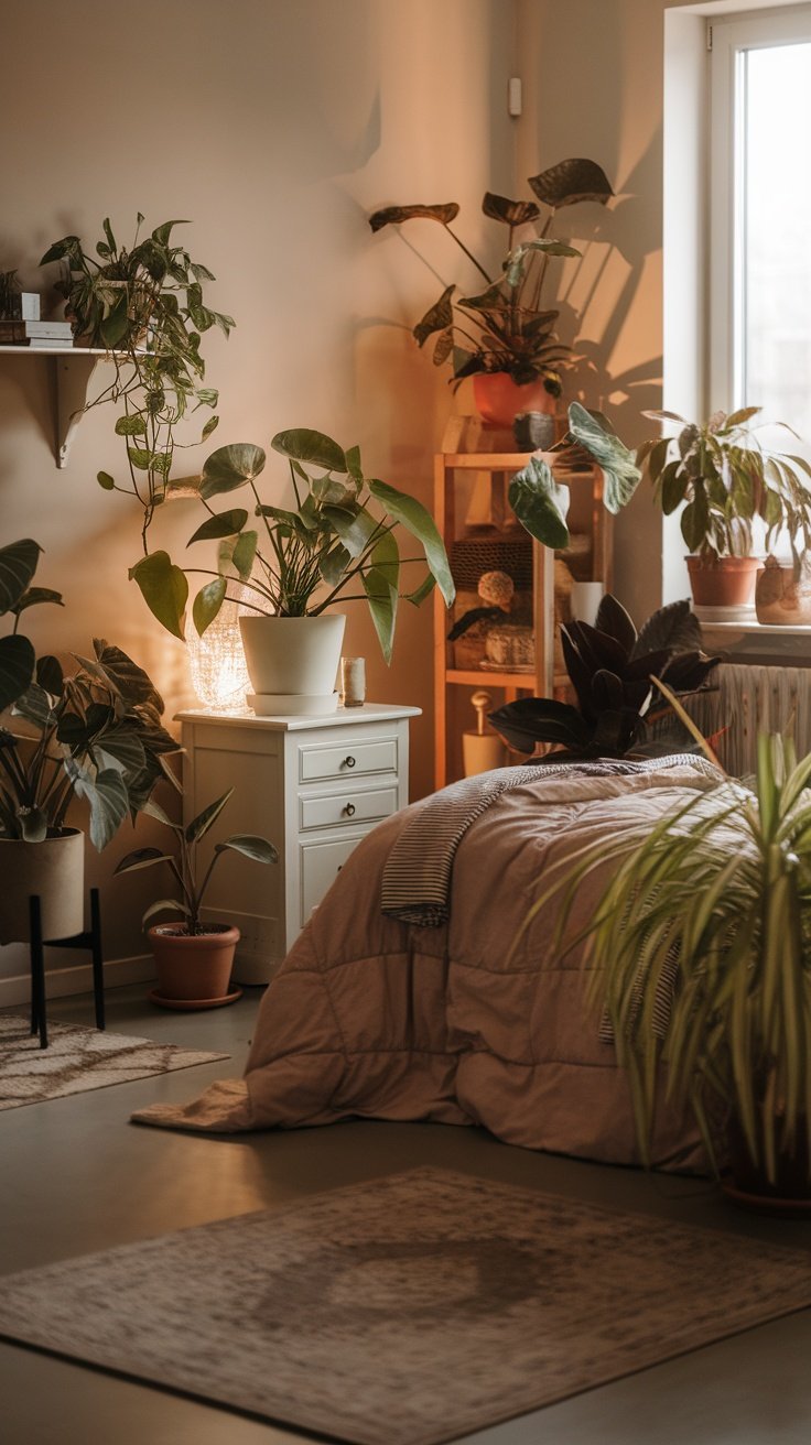 Cozy bedroom with various houseplants, soft bedding, and warm lighting