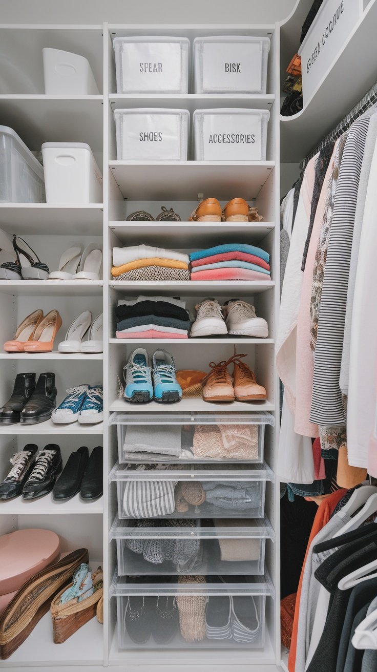 A well-organized closet featuring labeled bins and neatly arranged shoes and clothing.