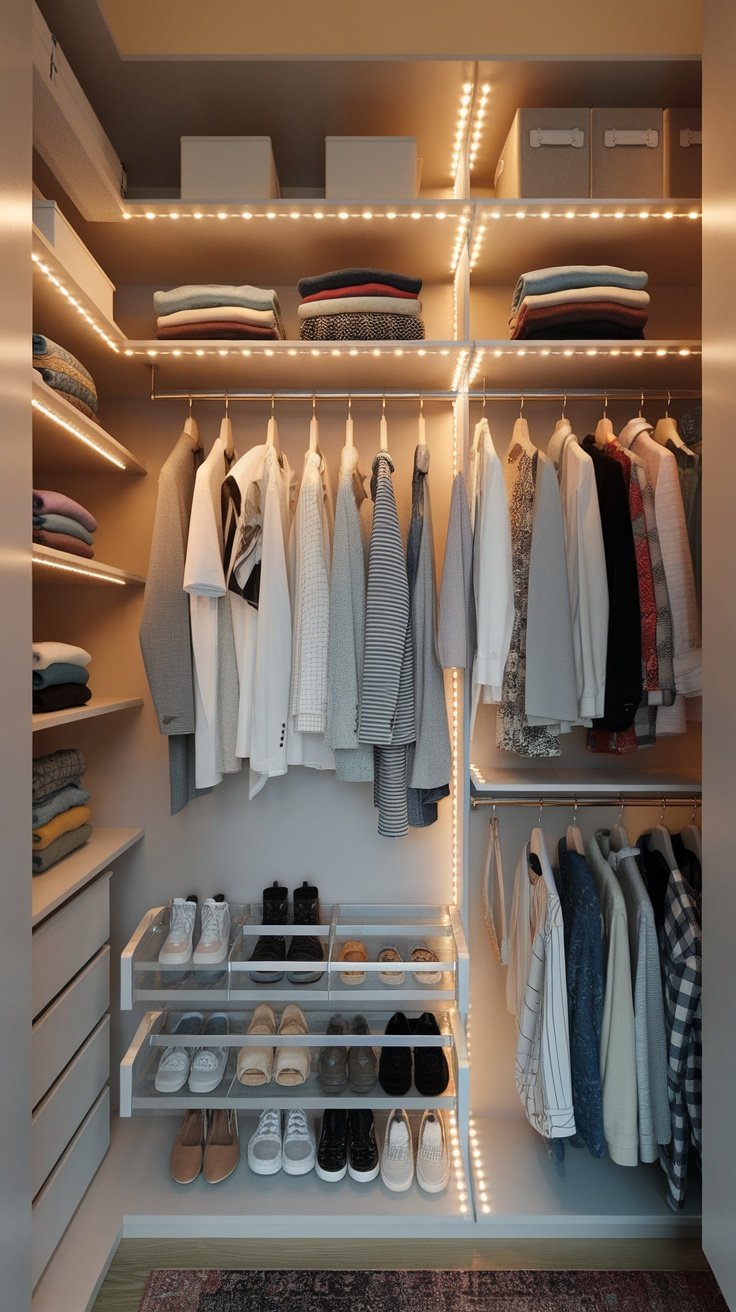 A brightly lit closet featuring organized clothes, shoes, and accessories.