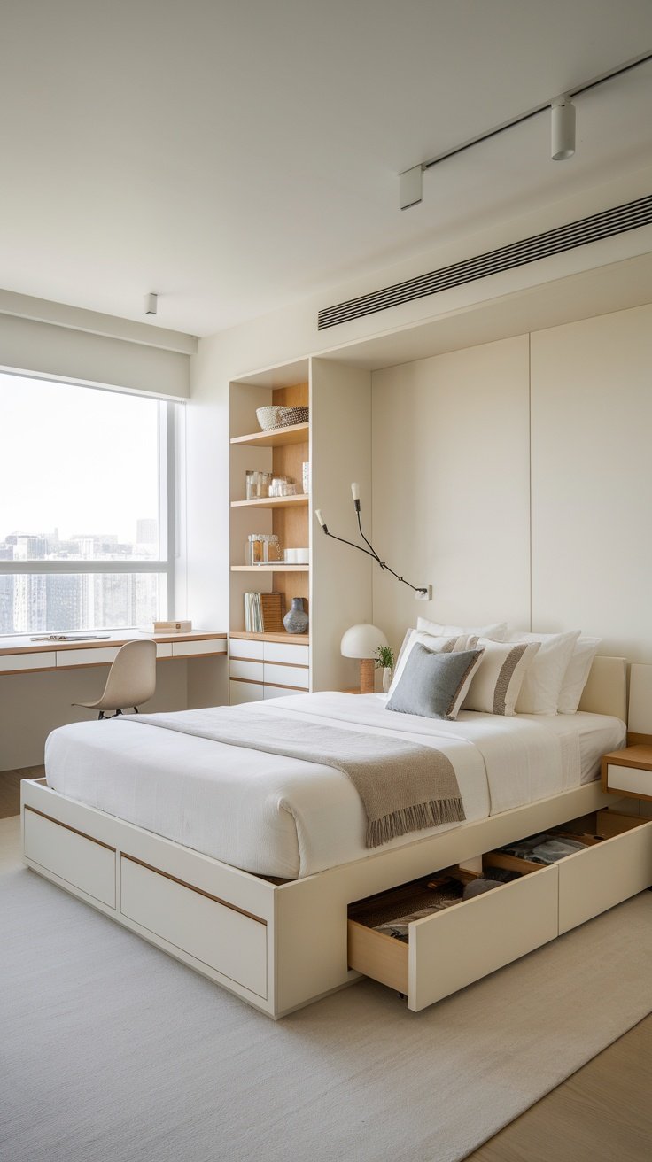 A modern bedroom featuring a bed with storage drawers, a nightstand, a desk, and wall shelves.