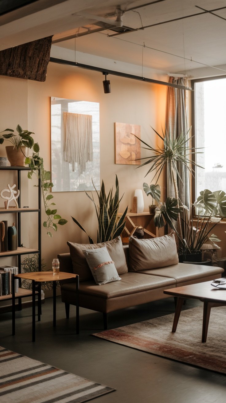 A modern living room decorated with various indoor plants, a leather sofa, wooden furniture, and warm lighting.