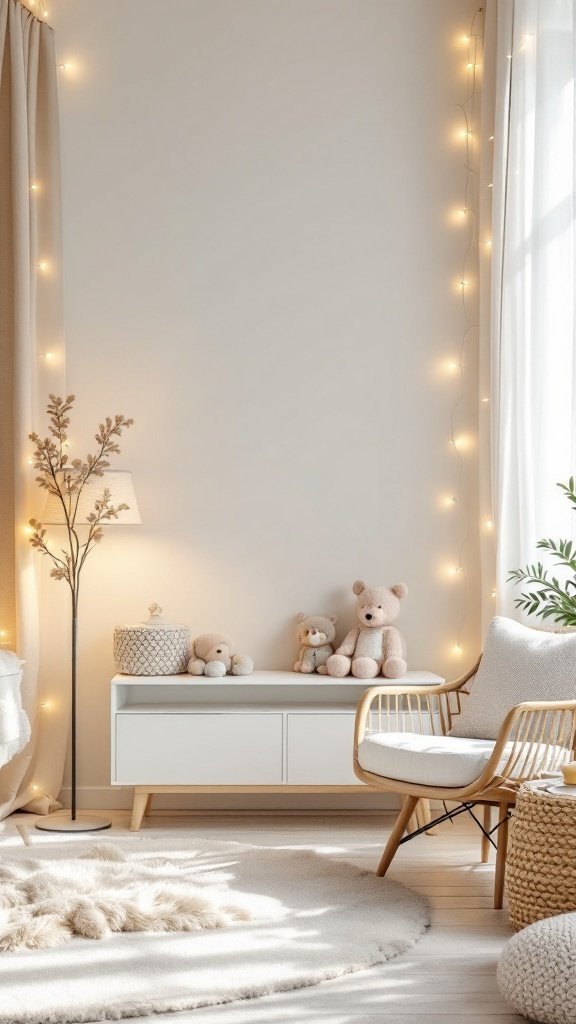 A cozy nursery corner with soft lighting from a floor lamp and fairy lights, featuring a plush rug and cute stuffed animals.