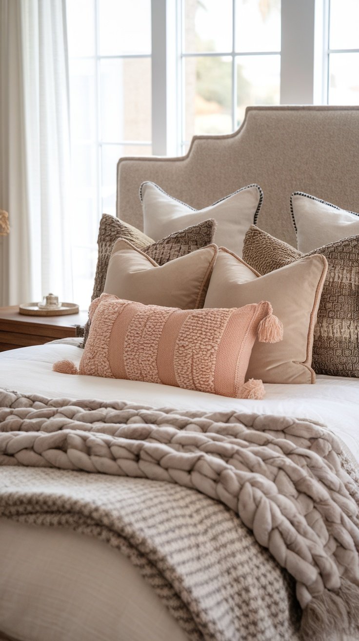 A cozy bedroom with various soft cushions and a knitted throw on the bed.
