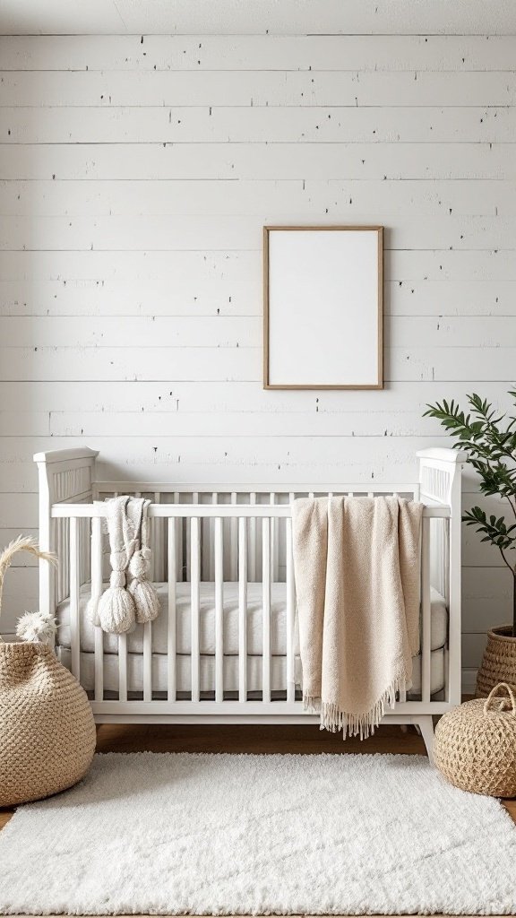 A modern, gender-neutral nursery featuring a wooden textured wall, a white crib with a soft blanket, and decorative storage baskets.